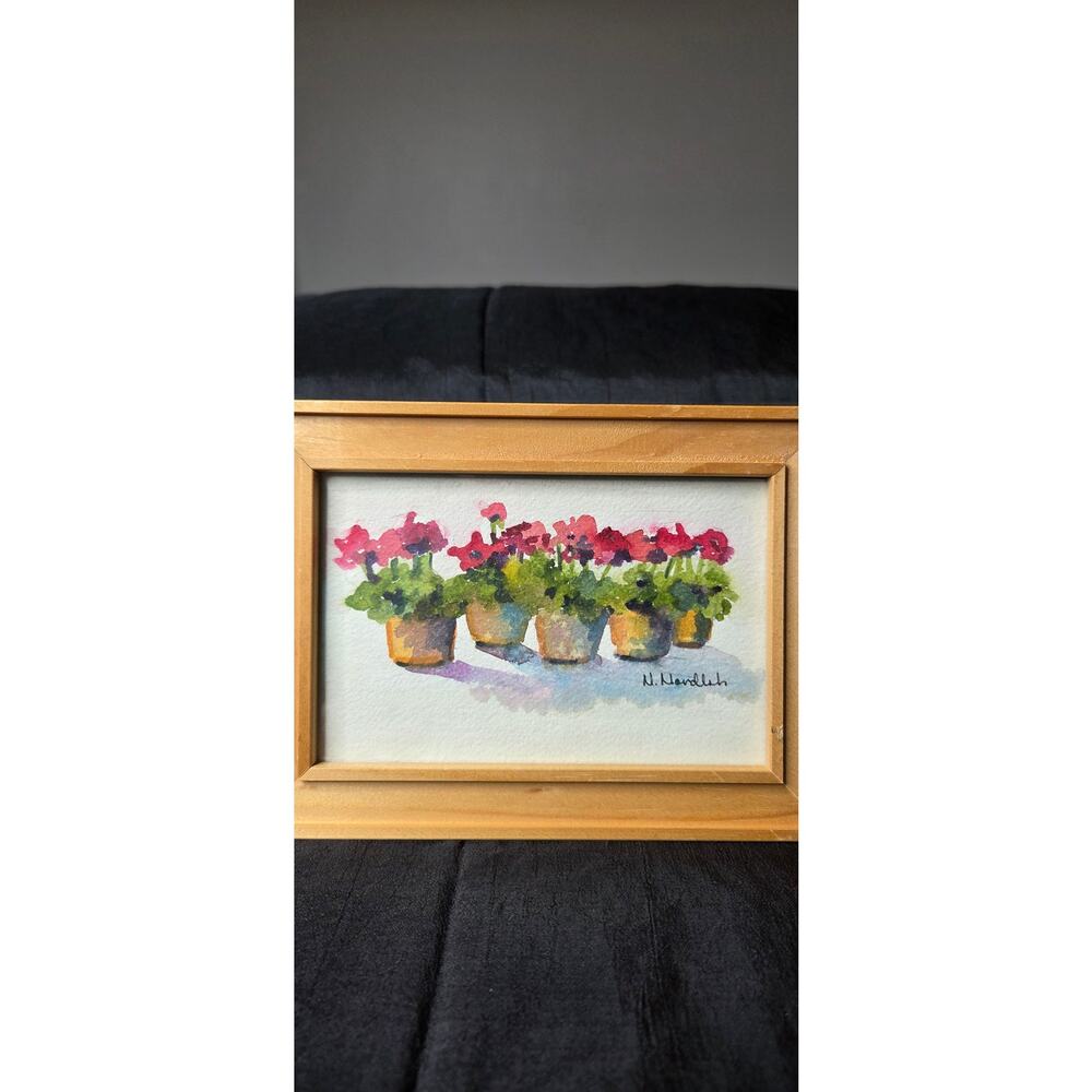 Original Watercolor Red Geraniums Signed